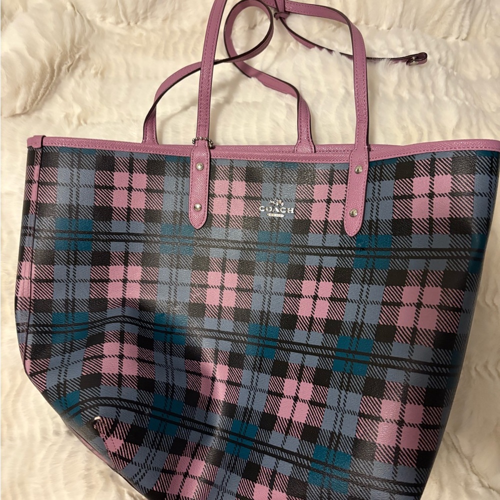 Coach Plaid Tote in Pink and Blue
